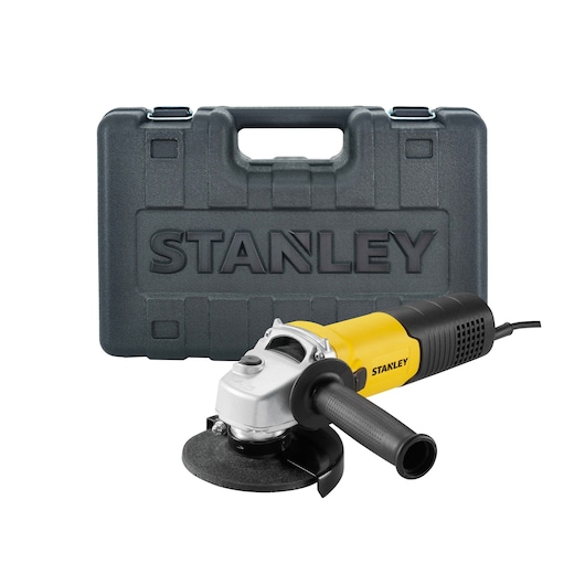 Stanley SGS1045-B3 angle grinder with black carry case, front view on white background.