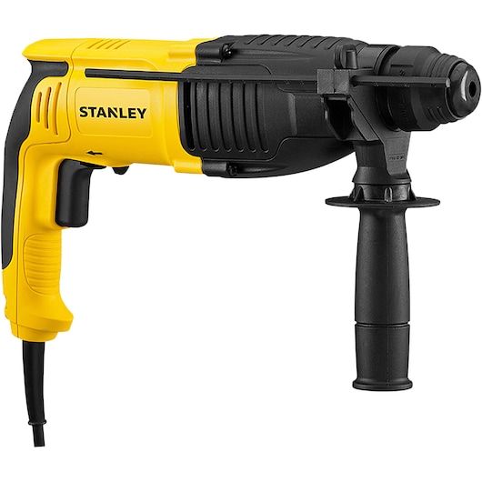 STANLEY SHR263K-BR yellow and black corded rotary hammer drill side view on white background.