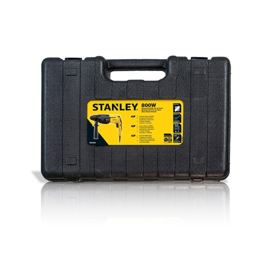 Photo of STANLEY SHR263K-BR black tool case with yellow label for rotary hammer drill, front angle.