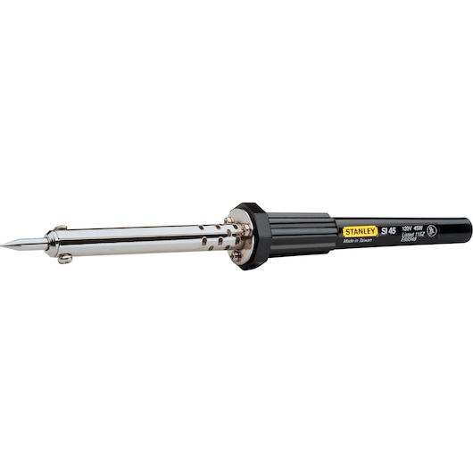 STANLEY SI45 black soldering iron, cylindrical design, side angle on white background.