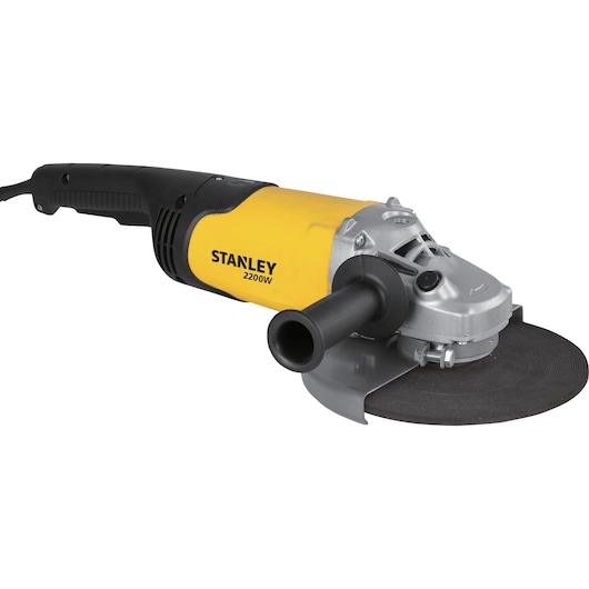STANLEY SL229-B3 angle grinder, yellow and black, photography of side angle on white background.