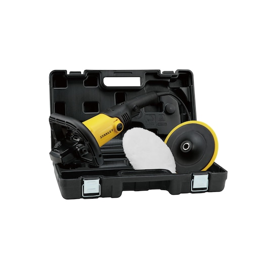 STANLEY SP137K-B2C yellow and black polisher kit with case, polishing pad and backing plate, front view.