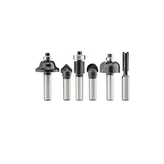Stanley SRR1200-AR router bit set photography, six metal bits, front view, white background.