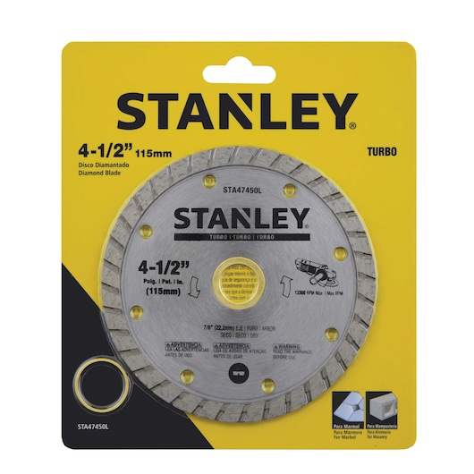 STANLEY STA47450L diamond blade for masonry, 4-1/2 inch, front view on yellow packaging.