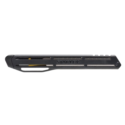 Photo of STANLEY STHT10322-840 utility knife, black and silver, side angle, sleek vented design.