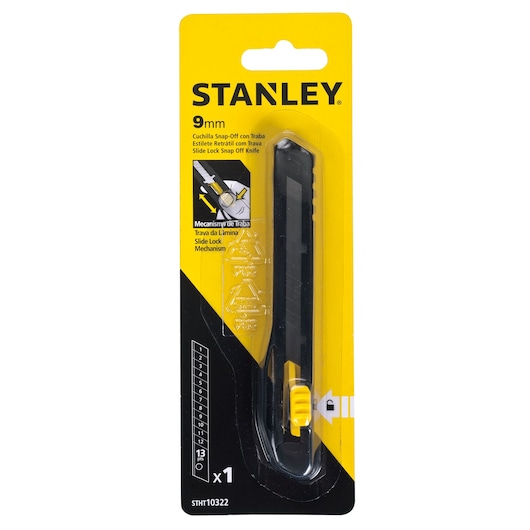 STANLEY STHT10322-840 snap-off utility knife with yellow and black handle in retail packaging, front angle.