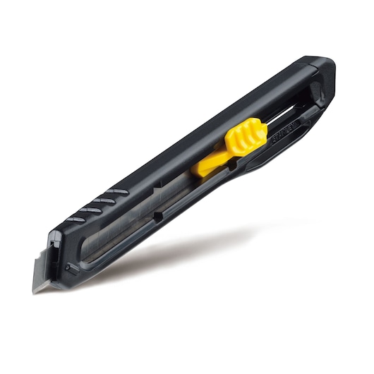 STANLEY STHT10322 utility knife with black body, yellow slider, and segmented blade shown from side angle on white background.