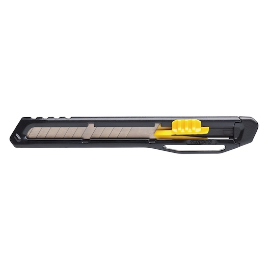 STANLEY STHT10322 utility knife with black body, segmented blade, and yellow slider, side view on white background.