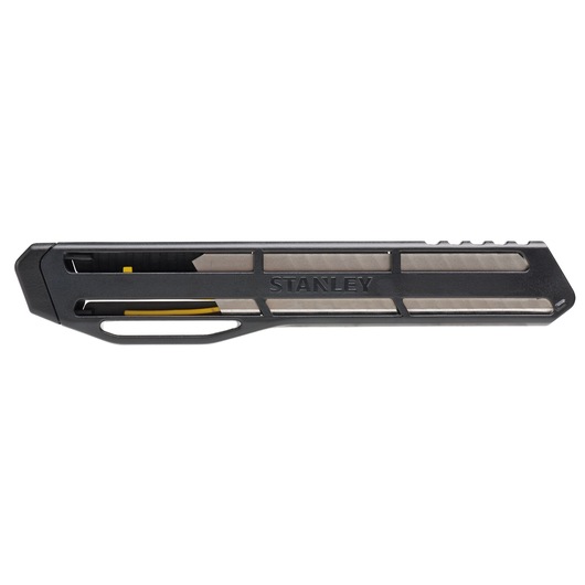 Photo of STANLEY STHT10323-840 utility knife, black and silver, side view with retractable blade.