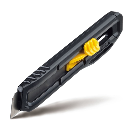 STANLEY STHT10323 utility knife with black and yellow handle in angled side view on white background.