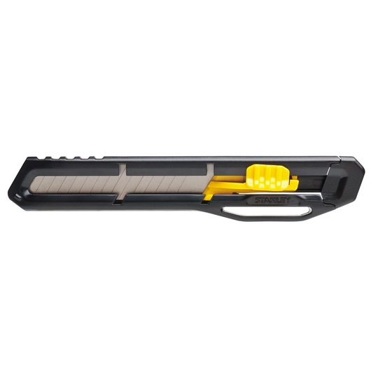 Stanley STHT10323 utility knife with black and yellow handle, side angle, photography on white background.