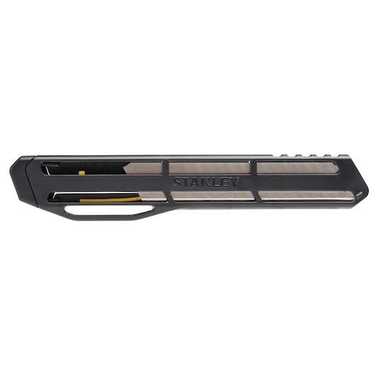 STANLEY STHT10323 utility knife, black and silver finish, side angle photo on white background.