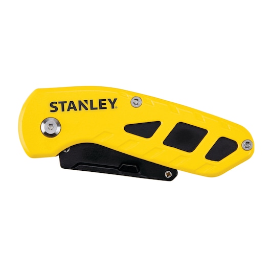 STANLEY STHT10424 folding utility knife, yellow and black handle, side angle photo on white background.