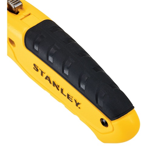 Stanley STHT10430 utility knife handle, yellow body with black textured grip, close-up on white background.