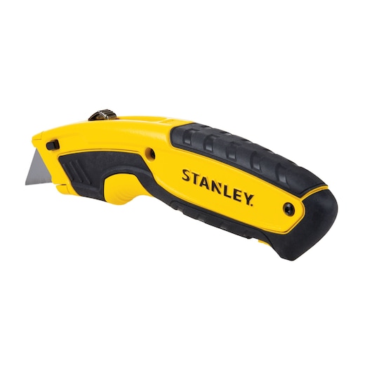Stanley yellow and black utility knife side angle on white background, ergonomic handle with retractable blade.
