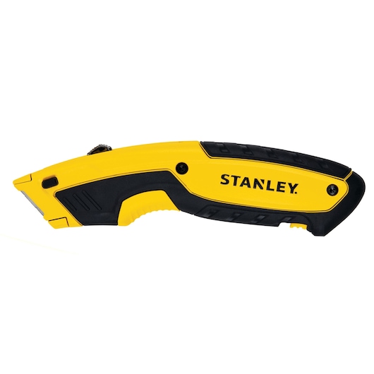 Stanley utility knife side view, yellow and black handle, exposed blade, white background
