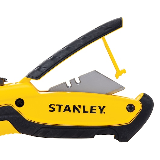 STANLEY STHT10479 utility knife with yellow and black handle, side angle, blade partially extended.