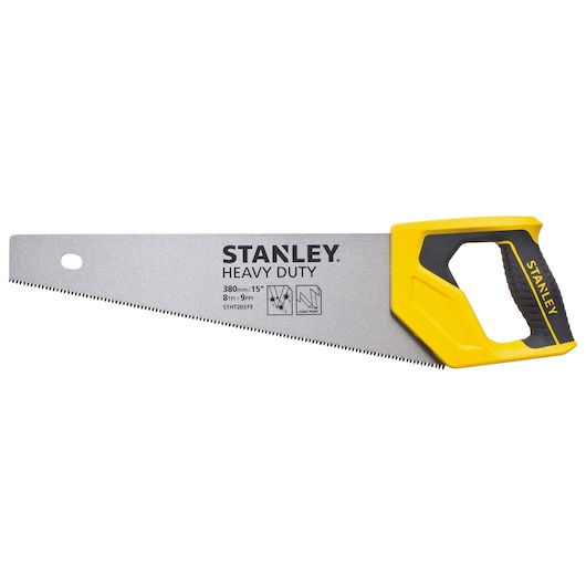 STANLEY STHT20373-LA hand saw with yellow and black ergonomic handle, silver blade, side angle, white background.