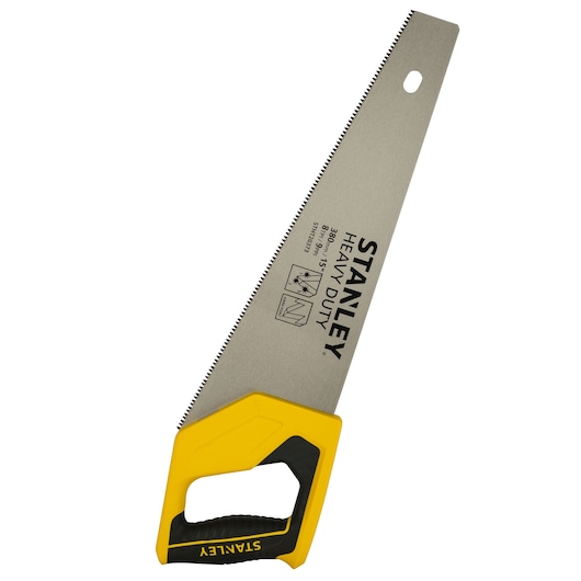 Stanley STHT20373-LA hand saw with yellow and black handle, angled view on white background.