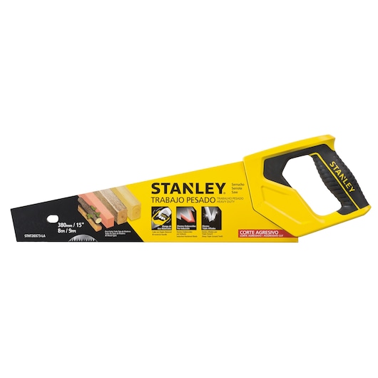 Photo of STANLEY STHT20373-LA heavy duty hand saw with yellow and black handle, product in packaging, angled view.