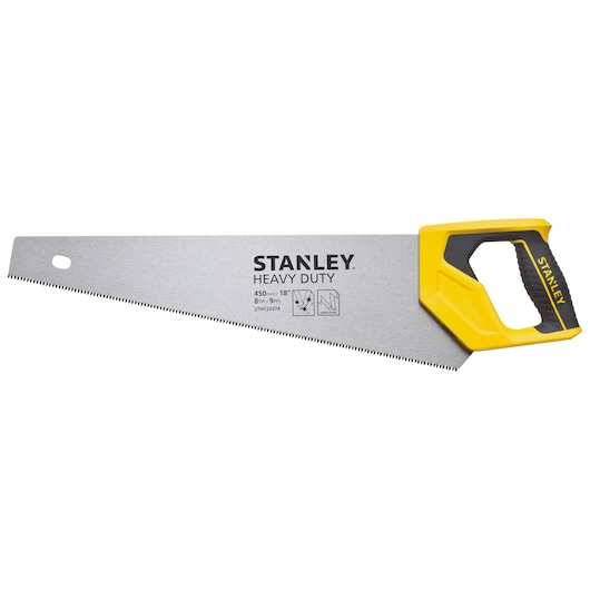 STANLEY STHT20374-LA hand saw, heavy duty, 18-inch blade with yellow and black handle, side angle on white background.