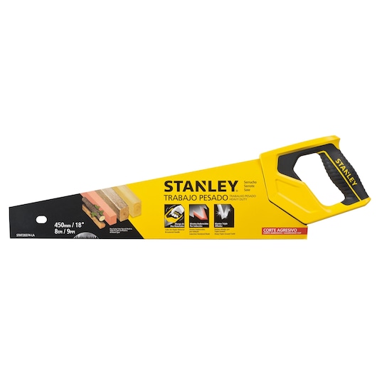 STANLEY STHT20374-LA heavy duty hand saw with yellow and black handle, 450mm blade, angled on white background.