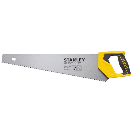 STANLEY STHT20375-LA hand saw with yellow and black handle, side view, for woodworking.