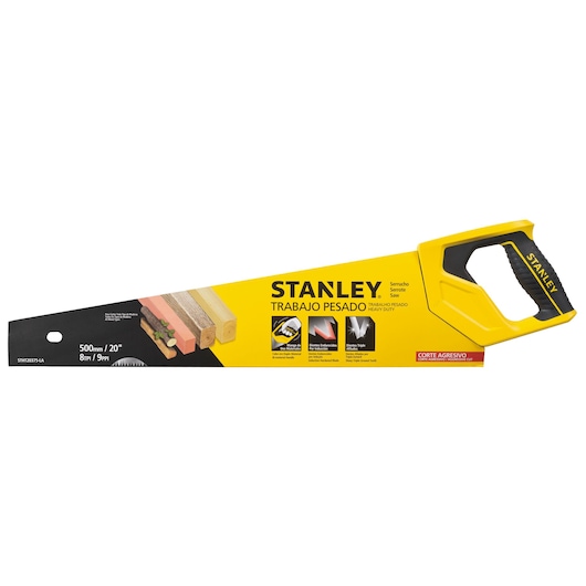 STANLEY STHT20375-LA hand saw with yellow and black handle, heavy duty, 500mm blade, front angle on white background.