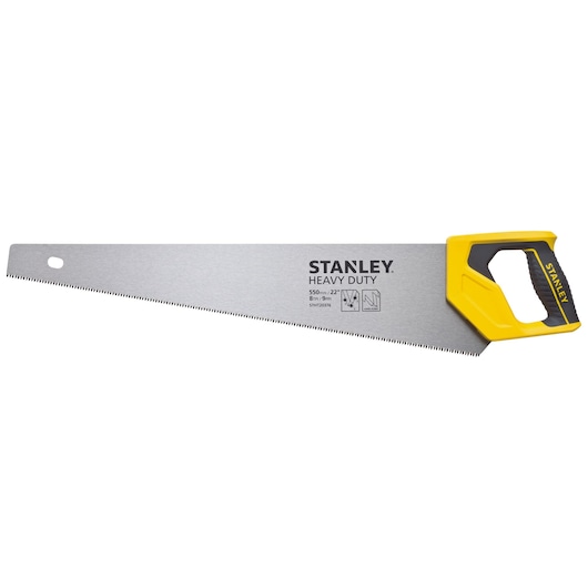 Photo of STANLEY STHT20376-LA hand saw, silver blade with yellow and black handle, left side angle, plain white background.