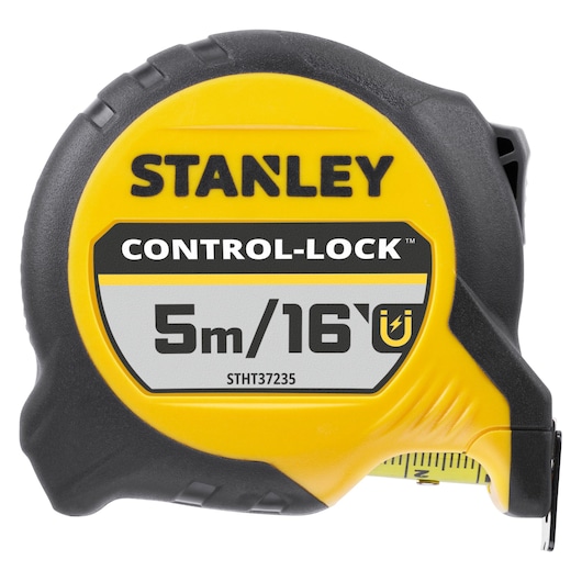 STANLEY STHT37235-5 tape measure, yellow and black, front angle, 5m/16ft CONTROL-LOCK branding.
