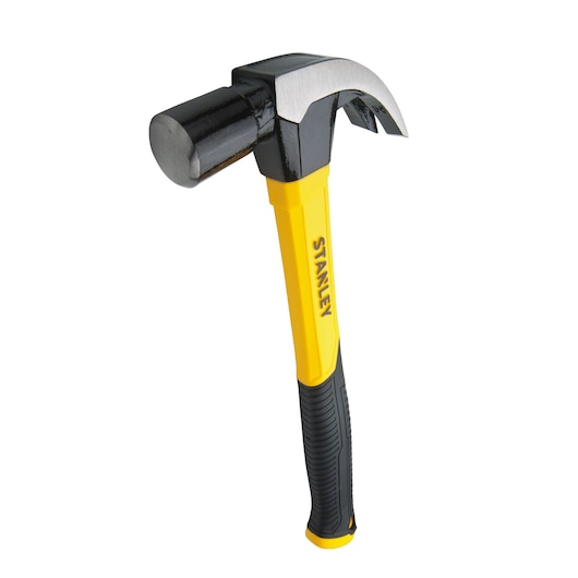 STANLEY STHT51391 claw hammer with yellow and black handle, angled product photo on white background.