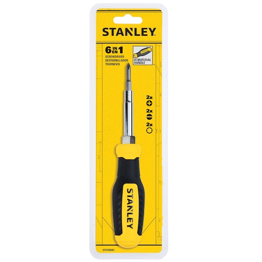 STANLEY STHT60083-LA 6-in-1 screwdriver with yellow and black bimaterial handle, front view in packaging.