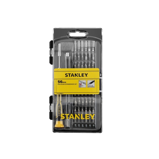 STANLEY STHT60090-LA 56-piece precision screwdriver set in clear plastic case, front angle on white background.