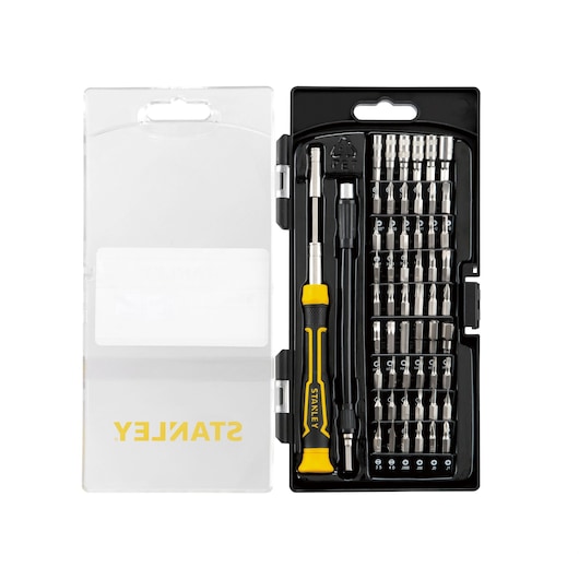 STANLEY STHT60090-LA screwdriver set with yellow and black handle and multiple bits in an open plastic case, top view.