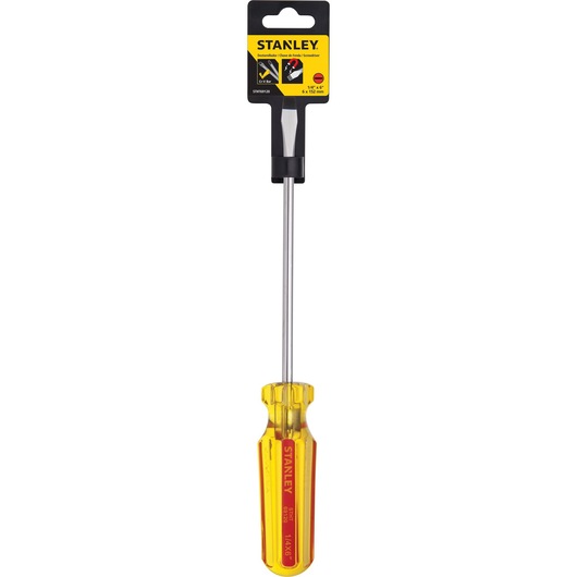 STANLEY STHT69120 flathead screwdriver with yellow and red translucent handle, product packaging, front angle.