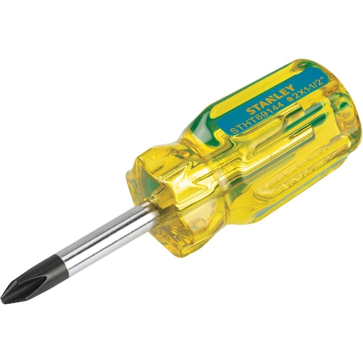Stanley STHT69144 Phillips screwdriver with yellow transparent handle, product photography, angled on white background.