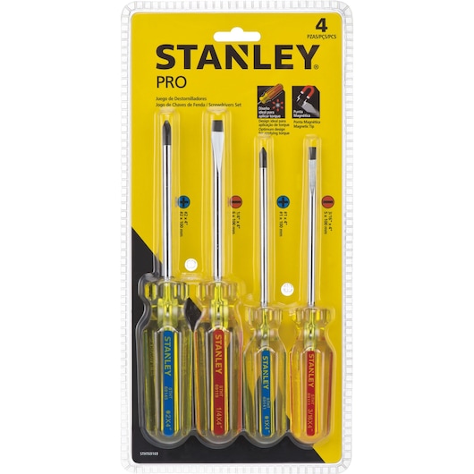 STANLEY STHT69169 screwdriver set, four-piece, with clear yellow handles and labeled shafts, front view on white background.