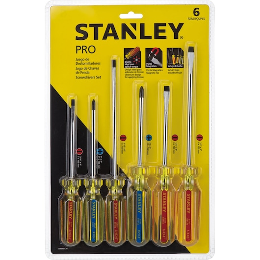 STANLEY STHT69170 screwdriver set, photography of six screwdrivers with clear handles in retail packaging, front view.