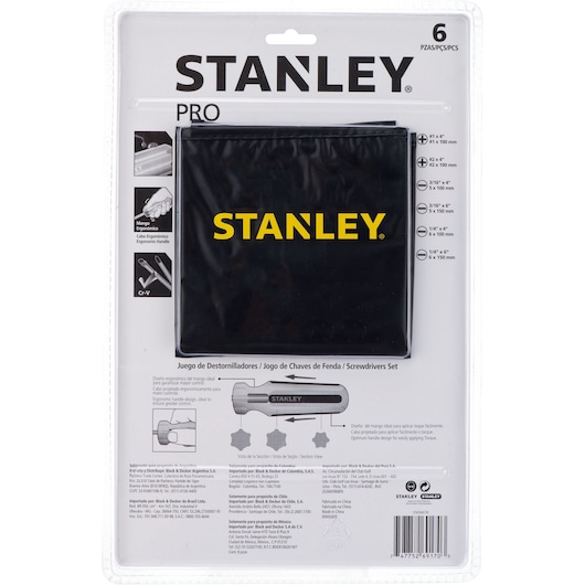 STANLEY STHT69170 screwdriver set packaging, front view showing black pouch with yellow STANLEY logo.