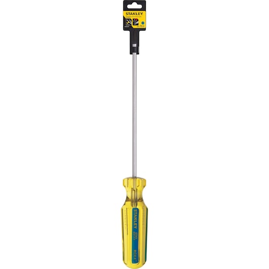 Photo of STANLEY STHT69177 screwdriver with yellow transparent handle and long metal shaft, front angle on white background.
