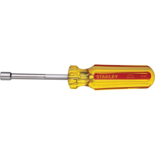 STANLEY STHT69183 1/4 inch nut driver with yellow and red handle, side angle, on white background.