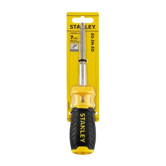 STANLEY STHT69193-8-LA multi-bit screwdriver with black and yellow handle, packaged, front view.
