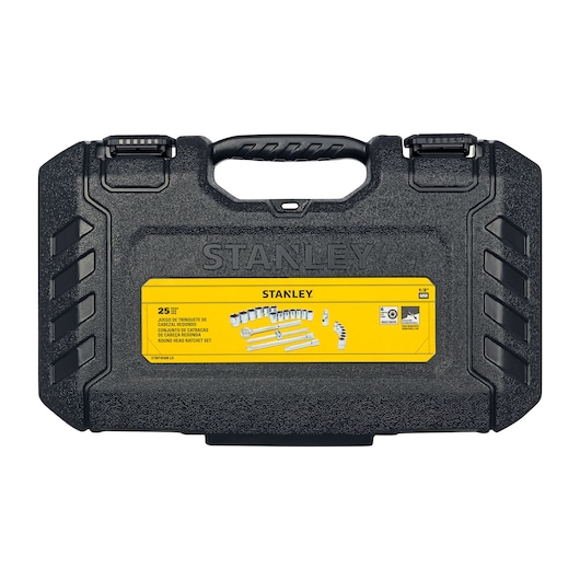 STANLEY STMT45508-LA socket set case, black hard plastic with yellow label, photography of closed front view.