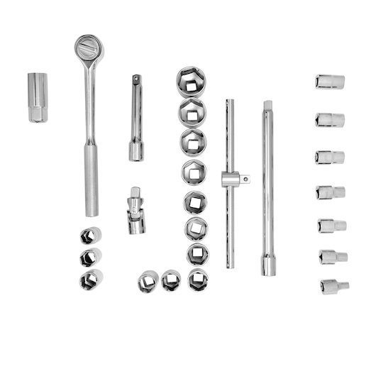 STANLEY STMT45509-LA socket wrench set with chrome finish, various sockets and accessories, top view on white background.