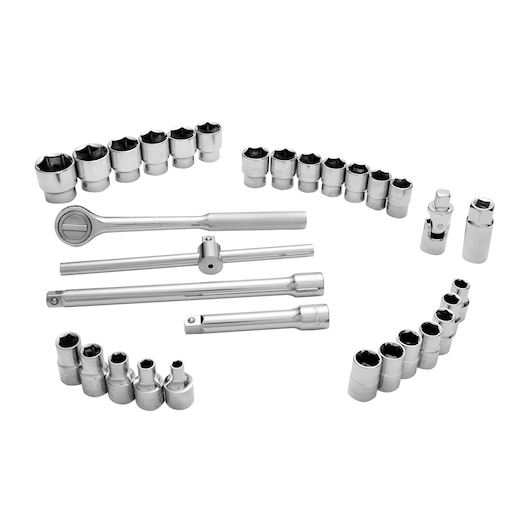 STANLEY STMT45509-LA socket wrench set, silver chrome finish, assorted sizes, photo on white background.