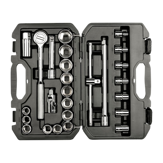 STANLEY STMT45509-LA socket wrench set with ratchet, sockets, and accessories in a black plastic case, top-down view.