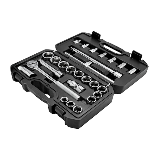 STANLEY STMT45509-LA socket wrench set in black hard case, photo shows chrome tools organized in molded slots.