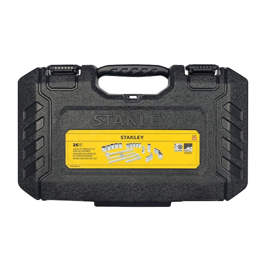 Stanley STMT45509-LA socket set case, black plastic, yellow label, photographed from front on white background.