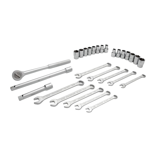 STANLEY STMT45510-LA mechanic tool set with wrenches, ratchet, extensions, and sockets, front angle on white background.
