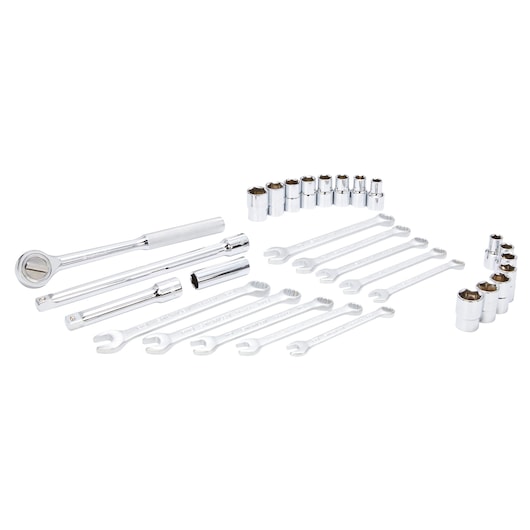 STANLEY STMT45510-LA wrench and socket set, chrome finish, wide angle photo on white background.
